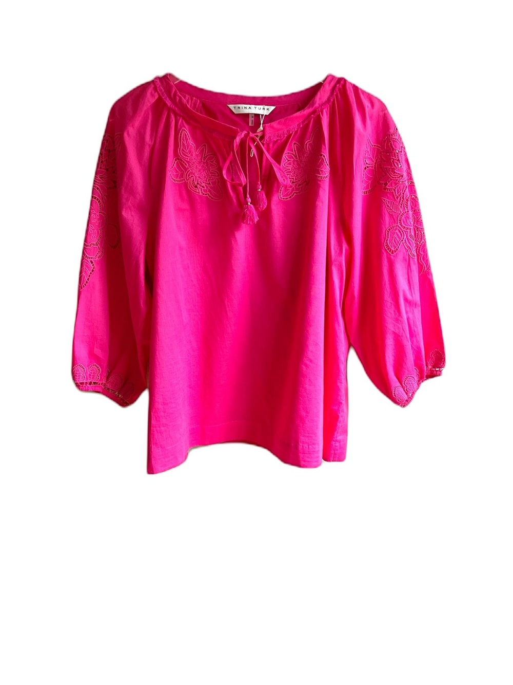 Trina Turk Ojai Lace Embroidered Top Size M Hot Pink 100% Cotton Peasant Blouse - Picture 10 of 13